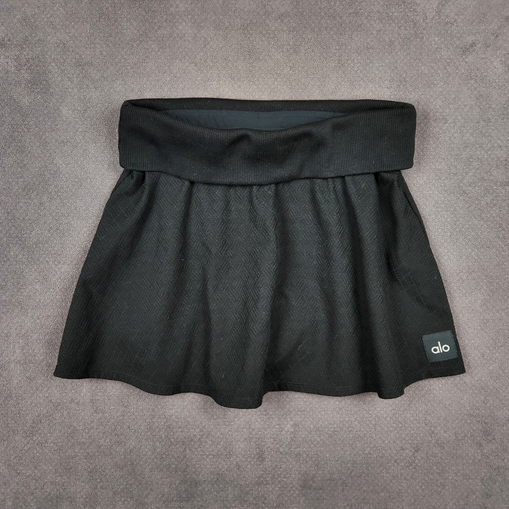 Alo Yoga Doubles Only Skirt Womens Medium Black Textured Ribbed‎ Fold Over Waist